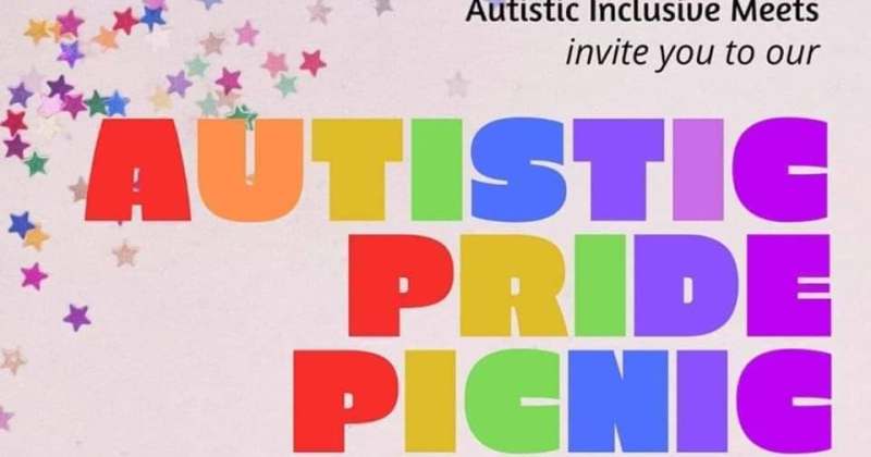 Bold text on a lilac background reads "Autistic Inclusive Meets invite you to our AUTISTIC PRIDE PICNIC". The last three words are in much larger, multicoloured font.